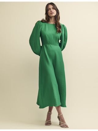 Green Linen-blend Balloon Sleeve Zora Midi Dress
