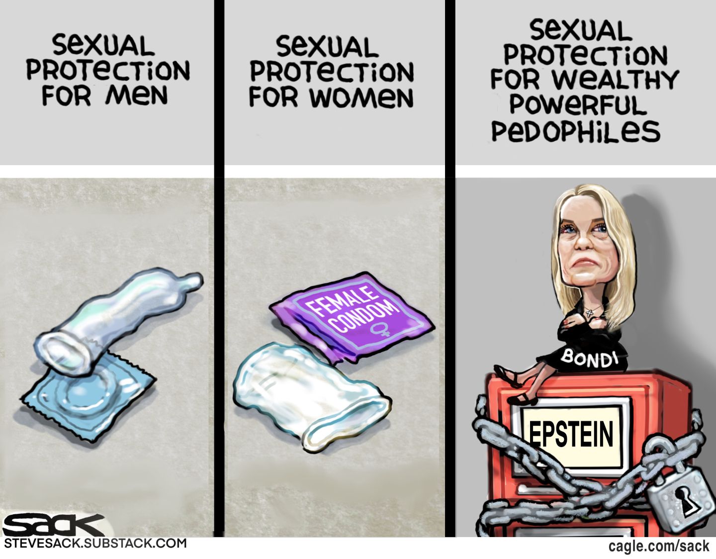 
                                This is a three-panel cartoon. The left side shows a condom and is labeled “Sexual Protection for Men.” The middle column depicts a female condom and is labeled “Sexual Protection for Women.” The right column depicts Pam Bondi with her arms crossed sitting on top of the Epstein files, which are locked by a chain and padlock. She is labeled “Sexual protection for wealthy powerful pedophiles.”
                            
