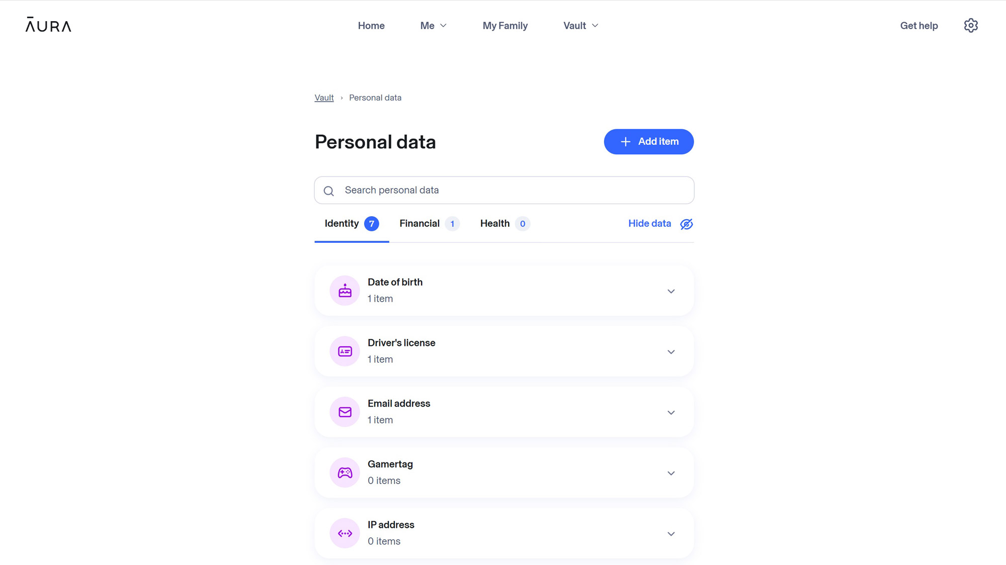 Screenshot of the Aura Identity Theft Protection web interface