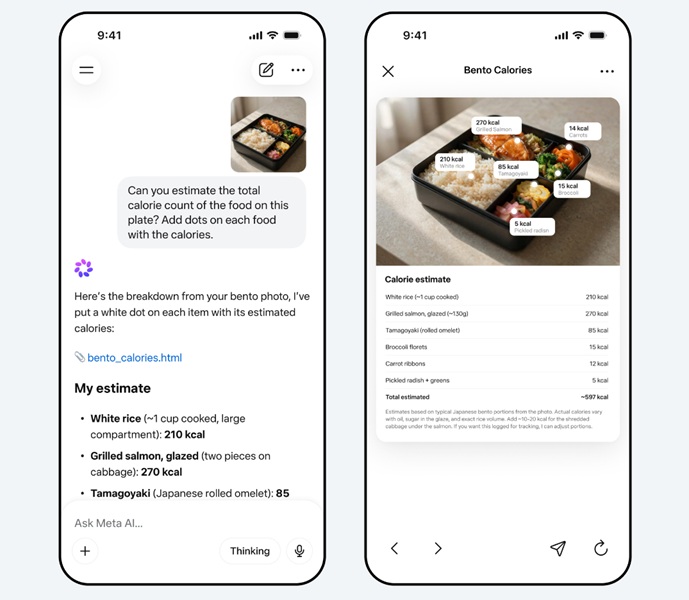Meta AI with Muse Spark can help users understand the nutrition and calories present in food from an uploaded photo.