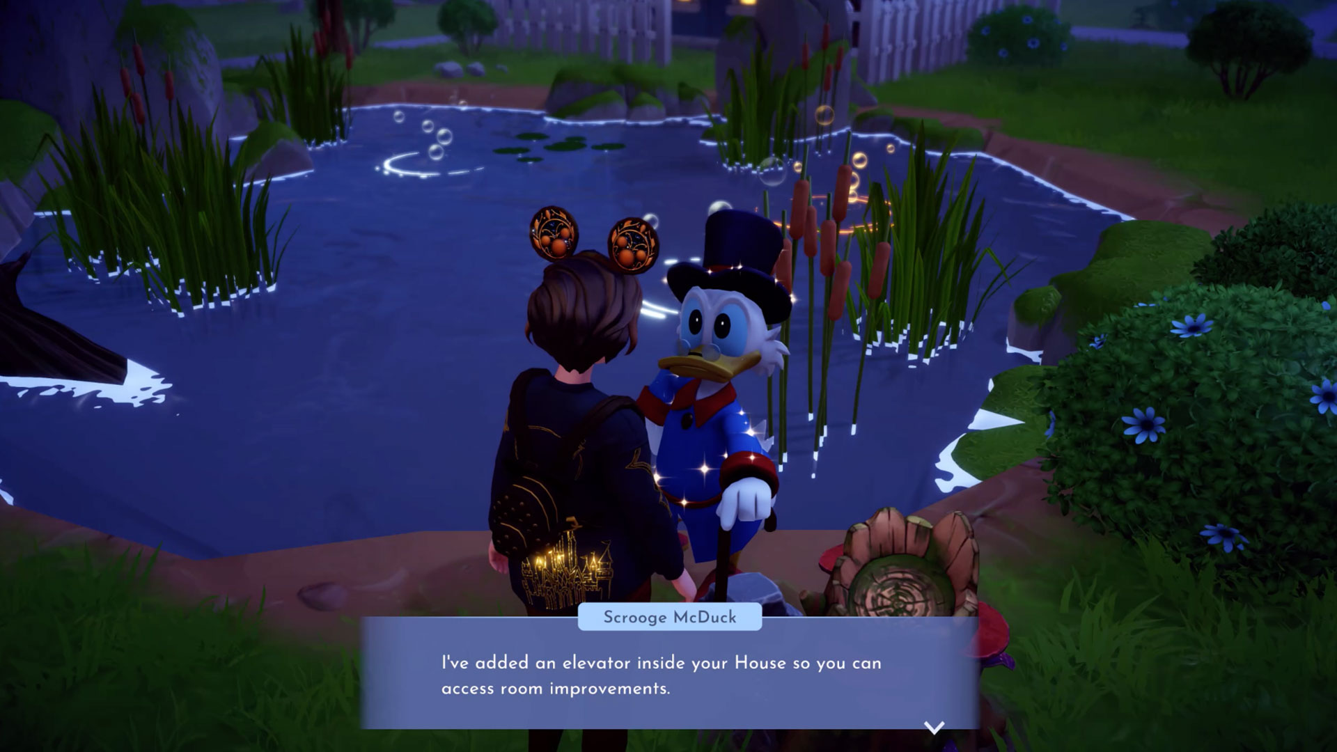 Scrooge te habla de tu casa junto a un estanque en Disney's Dreamlight Valley