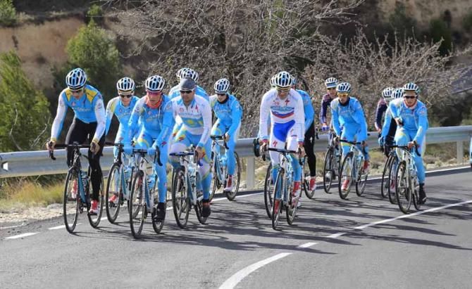 Janez Brajkovic (front row, right) leads the team on the climb