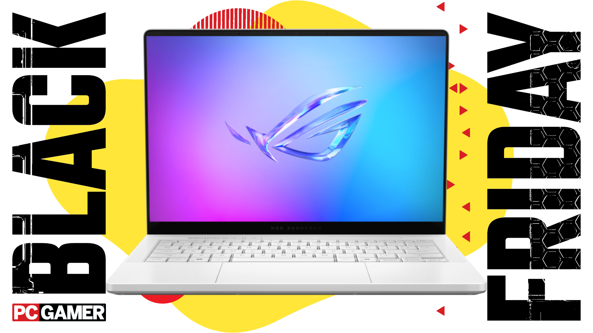 An Asus ROG Zephyrus G14 (2025) gaming laptop on a Black Friday deals background