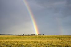 A rainbow shows after the rain amid a dramatic, grey and cloudy sky on the evening of the summer solstice at Stonehenge, Salisbury Plain, 2019.