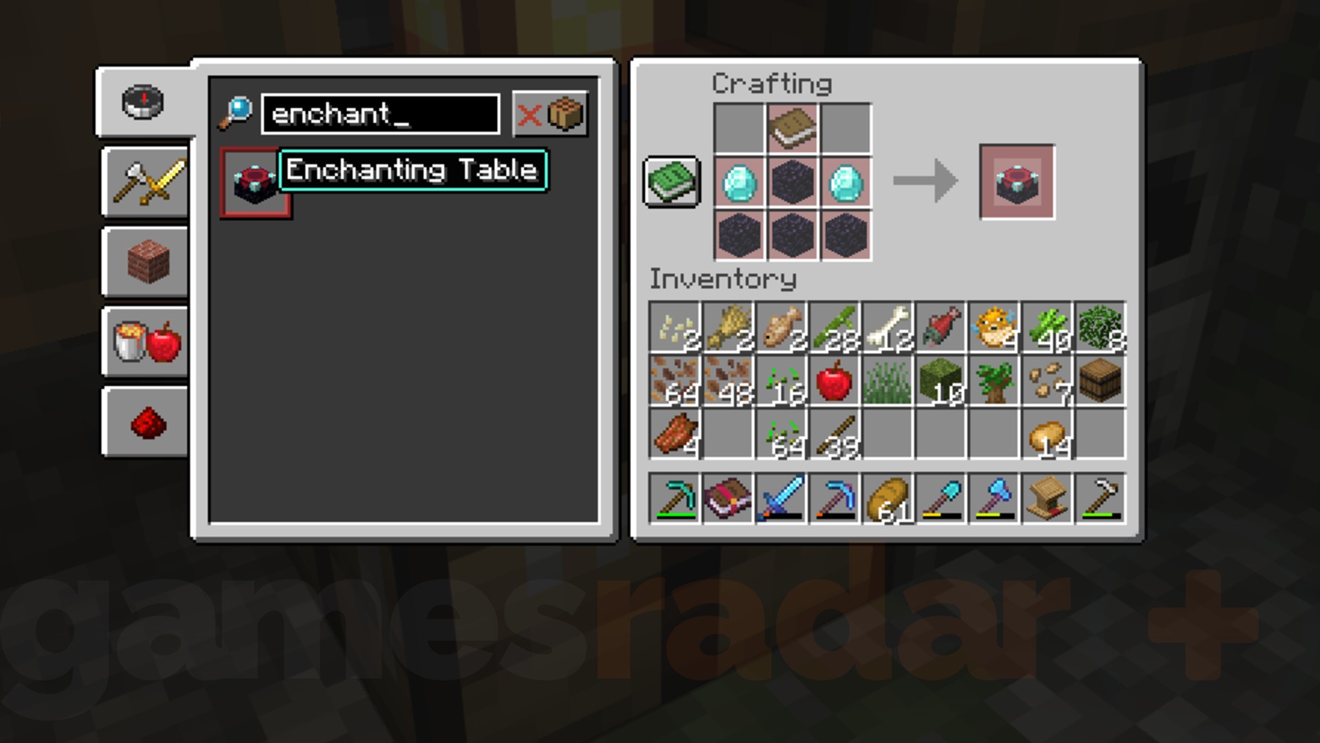 The Minecraft enchanting table recipe as seen in the crafting table UI.