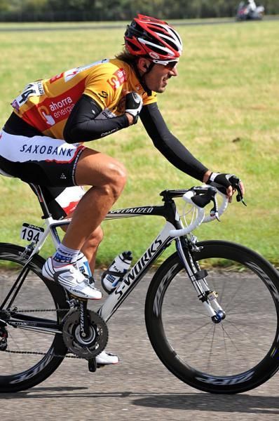 Swiss Fabian Cancellara (Saxo Bank) uses his race radio in Vuelta a Espa&ntilde;a stage two