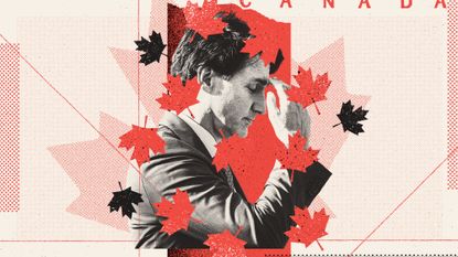 Illustration of Justin Trudeau surrounded by falling maple leaves