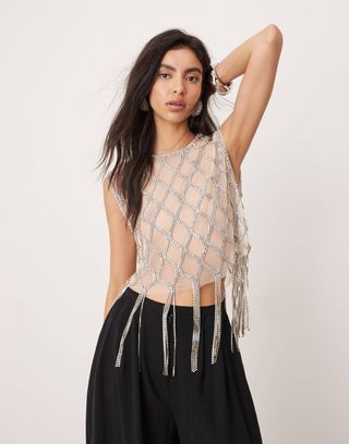 Asos Edition Hand Embellished Crystal Fringe Top in Silver