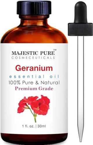 Amber glass bottle with white label reading Pure Geranium Essential Oil | 100% Pure and Natural Geranium Oil | Premium Grade 