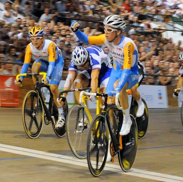 Cam Meyer, Stephen Hall and Jack Bobridge in the men's scratch race.