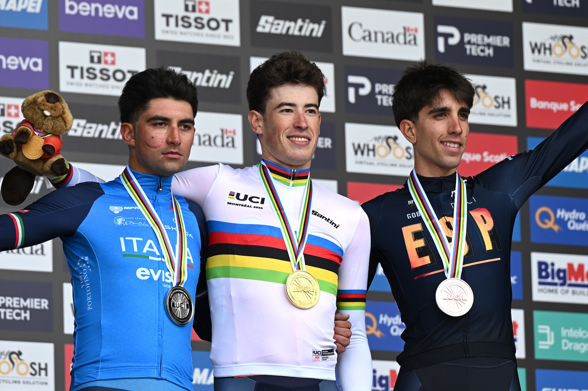 Gold medalist Ryan Gal and Team Netherlands (C), Silver medalist Nicolas Milesi and Team Italy (L) and Bronze medalist Hector Alvarez and Team Spain (R) pose on the podium during 99th UCI Road World Championships Montreal 2026