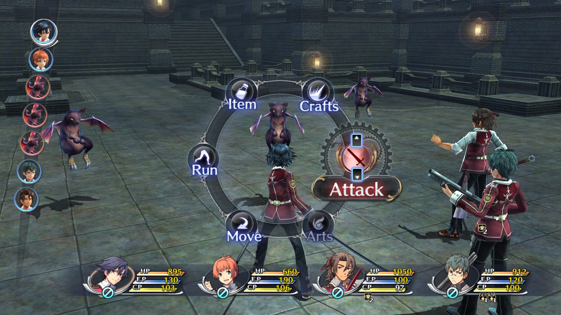 A player getting ready to attack a bat enemy during the JRPG The Legend of Heroes: Trails of Cold Steel