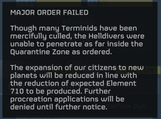 A "major order failed" screen on Helldivers 2, forbidding the application of procreation permits.
