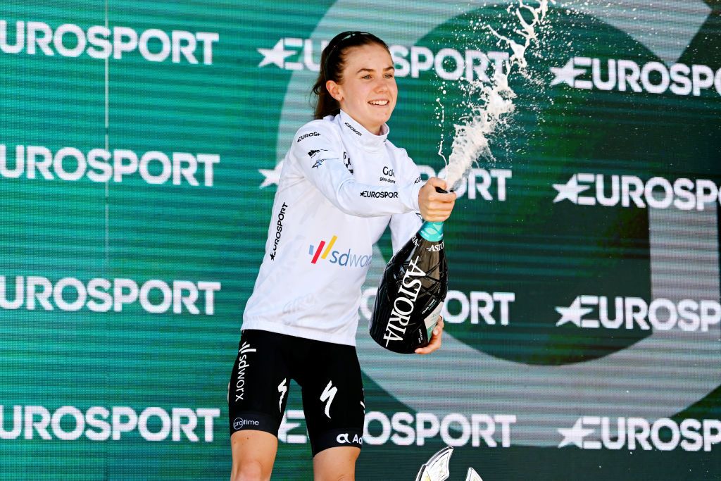 PADOVA ITALY JULY 10 Niamh FisherBlack of New Zealand and Team SD Worx celebrates winning the white best young jersey on the podium ceremony after the 33rd Giro dItalia Donne 2022 Stage 10 a 905km stage from Abano Terme to Padova GiroDonne UCIWWT on July 10 2022 in Padova Italy Photo by Dario BelingheriGetty Images