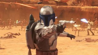 Jango Fett pointing blaster in Star Wars: Attack of the Clones