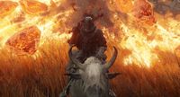 A mounted warrior fleeing fire and rocks