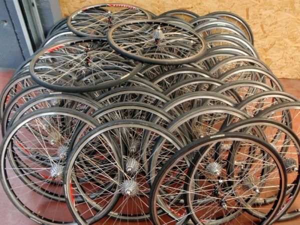 RadioShack's enormous pile of Paris-Roubaix wheels were stacked ready to put away for next year's race