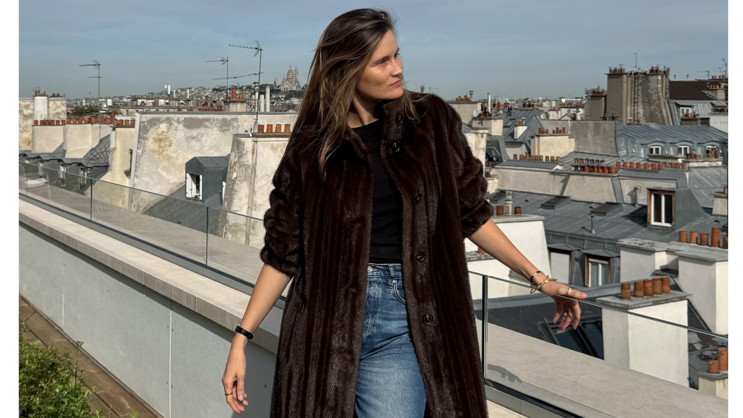 Eugenie Trochu wearing a faux fur coat.