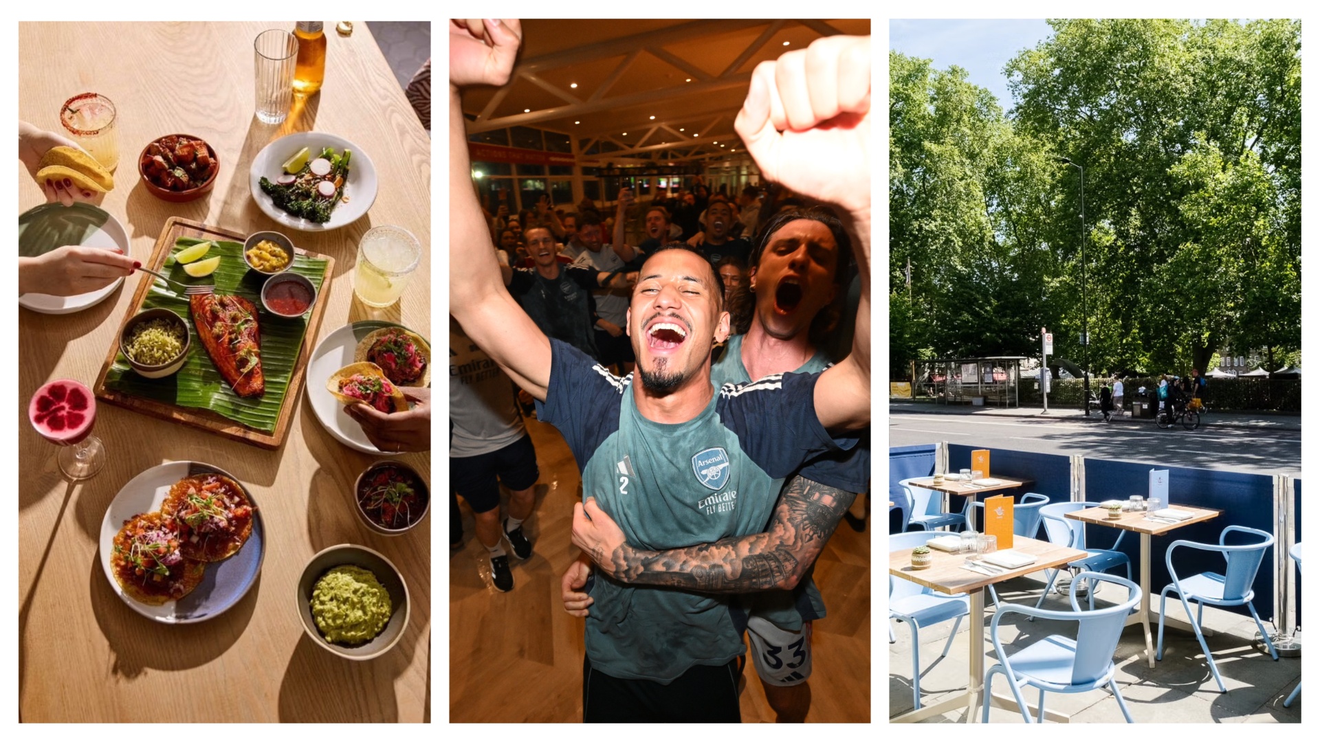 William Saliba and Riccardo celebrate Arsenal winning the Premier League sliced with two images of Wahaca, Islington 