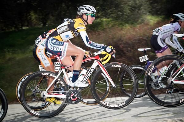 Megan Guarnier (TIBCO) staying near the front on the climb.