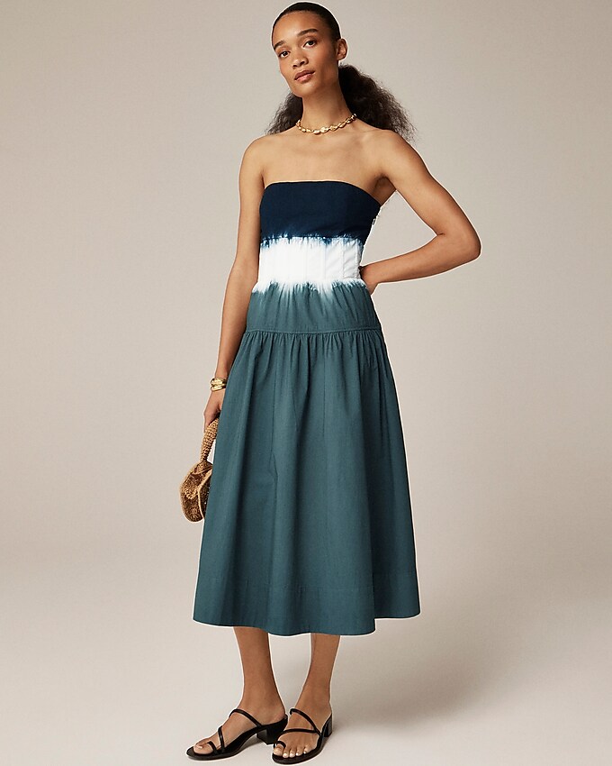 Strapless Corset-Waist Dress in Dip-Dyed Cotton-Blend Poplin