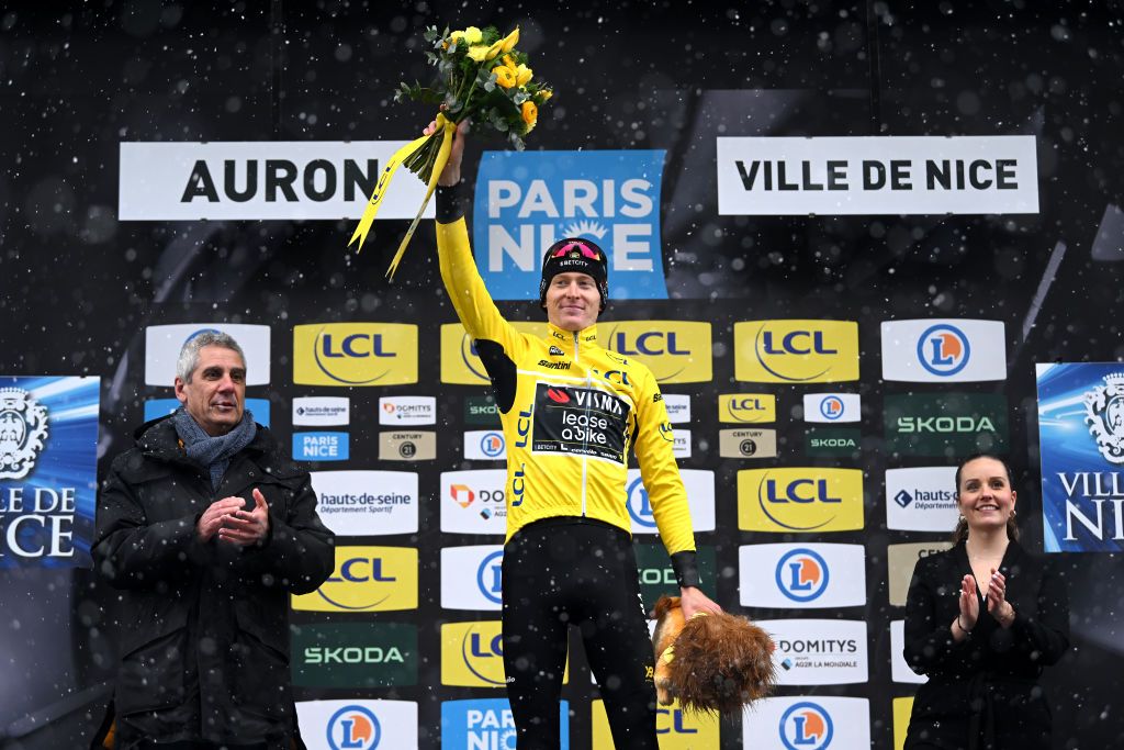 AURON FRANCE MARCH 15 Matteo Jorgenson of The United States and Team Visma Lease A Bike Yellow Leader Jersey celebrates at podium during the 83rd Paris Nice 2025 Stage 7 a 1093km stage from Nice to Auron 1603m UCIWT on March 15 2025 in Auron France Photo by Dario BelingheriGetty Images