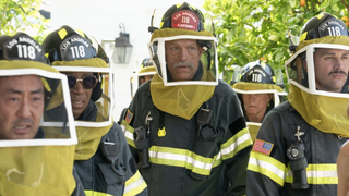 Howie (Kenneth Choi), Hen (Aisha Hinds), Captain Vincent Gerrard (Brian Thompson), Eddie (Ryan Guzman) dressed in beekeeper suits in 9-1-1 season 8