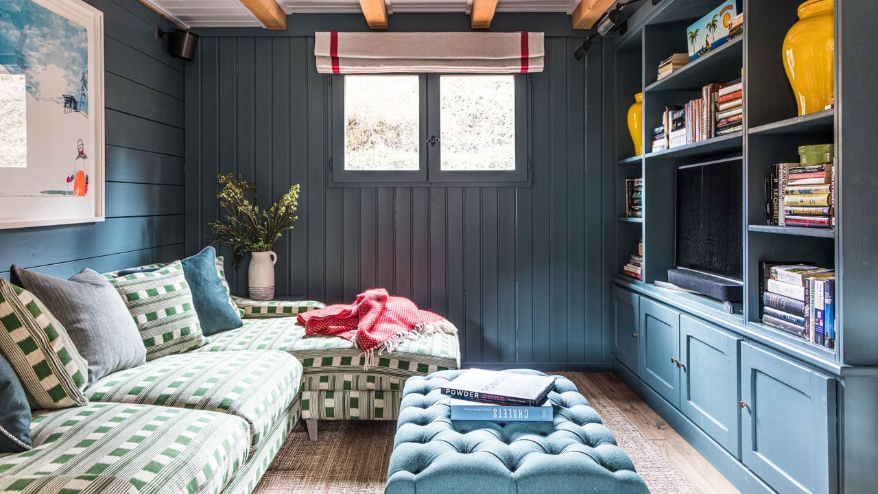 cinema room with blue panelled walls built in tv unit and green sofa