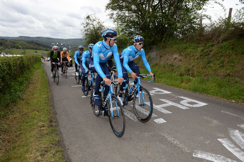 The Movistar team train on the Friday before Liege-Bastogne-Liege
