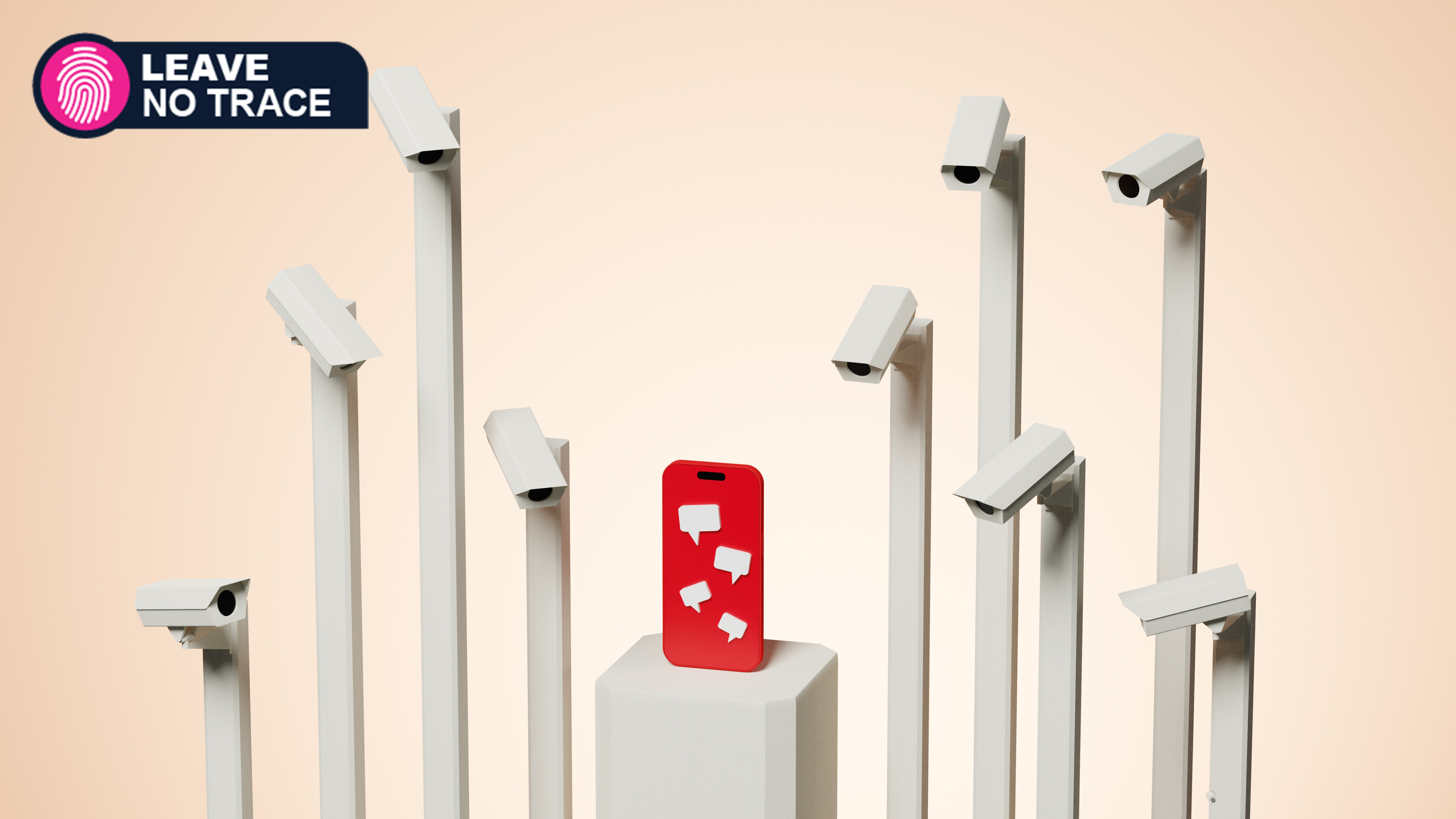 Conceptual image of a large group of cctv camera watching and spying on a mobile phone with messages, it illustrates digital surveillance concept + Leave No Trace logo on the top left