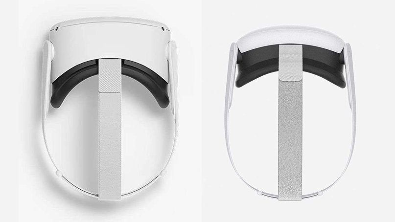 Render of the Oculus Quest 2 (left) and Meta Quest 3 (right), showing how much smaller the Quest 3 headset is thanks to the pancake lenses.