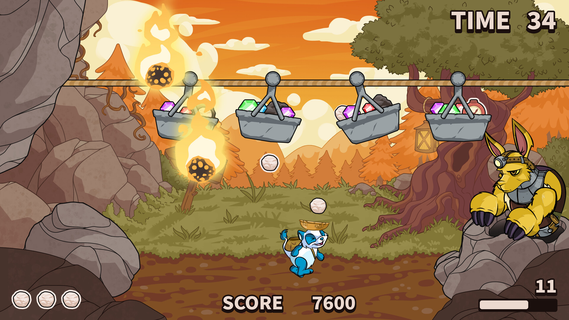 A neopet with a basket on its head catching stones while avoiding flaming balls during a mini game in the upcoming Switch game, Neopets - Mega Mini Games Collection - The Neopian Arcade Odyssey