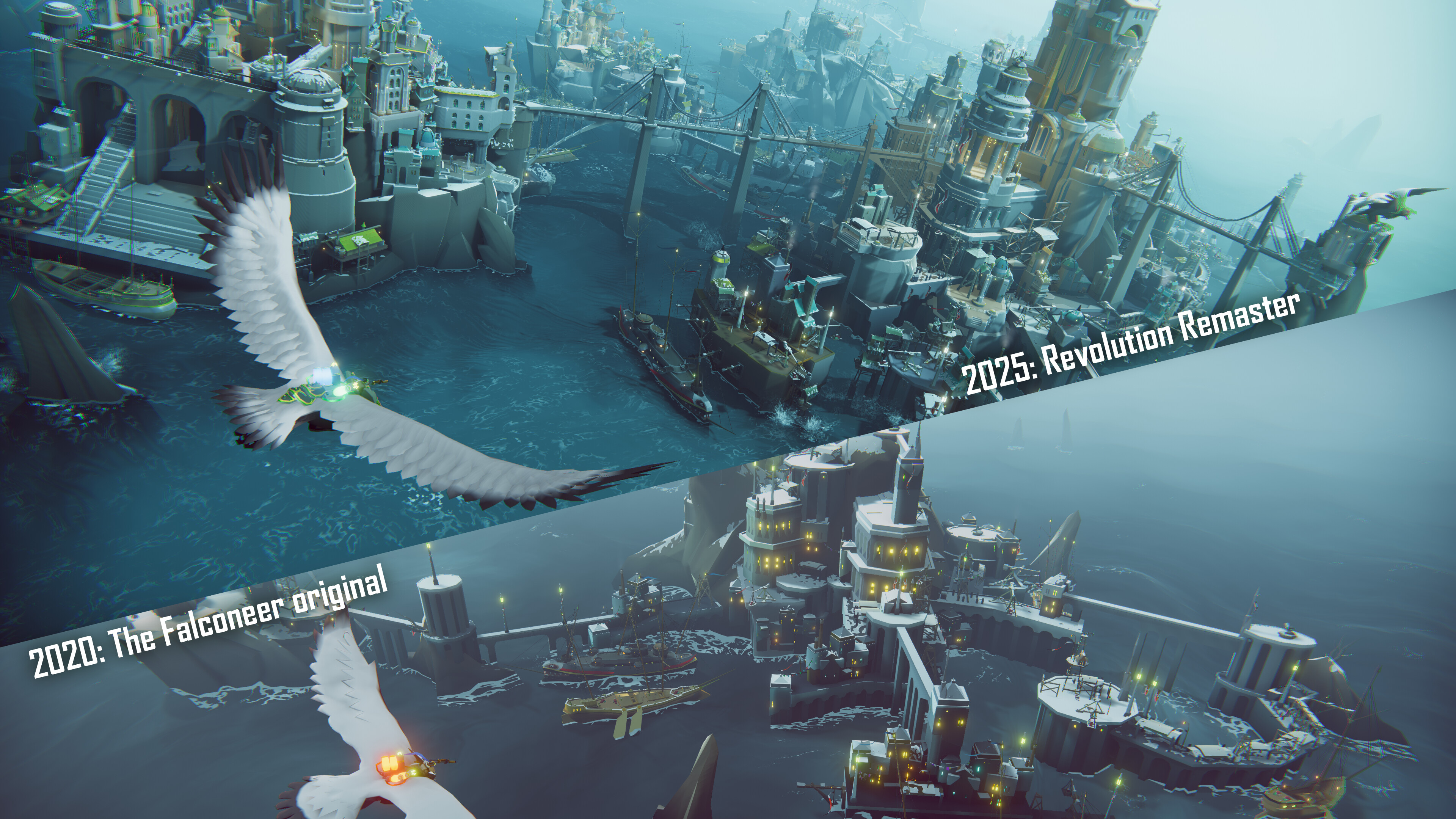 A comparison shot between two versions of the Falconeer.