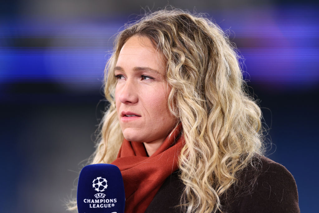 Josie Henning working as a pundit for Amazon Prime during the UEFA Champions League 2024/25 League Phase MD5 match between Manchester City and Feyenoord at City of Manchester Stadium on November 26, 2024 in Manchester, England.