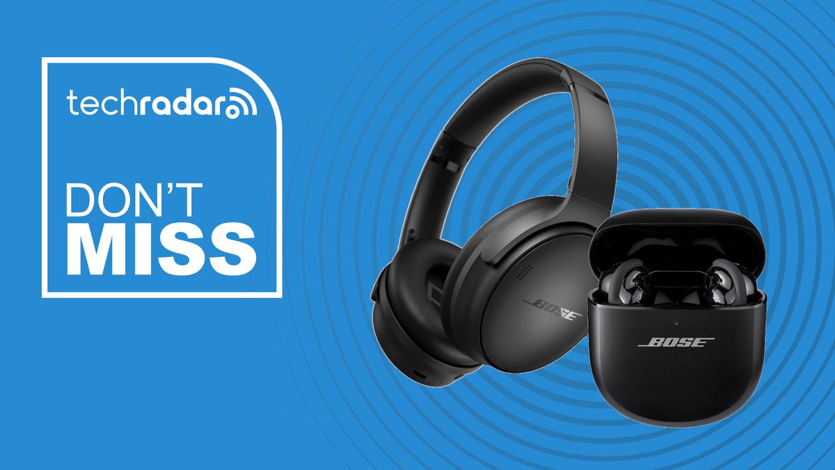 Bose QuietComfort Headphones and QuietComfort Ultra Earbuds on a blue background next to TechRadar deals don&#039;t miss badge