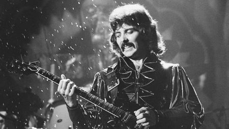 Tony Iommi of Black Sabbath performs on stage at Hammersmith Odeon, London, January 1976