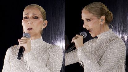 This handout released by the Olympic Broadcasting Services, shows a view of singer Celine Dion performing on the Eiffel Tower during the opening ceremony of the Paris 2024 Olympic Games Paris 2024 on July 26, 2024 in Paris, France. 