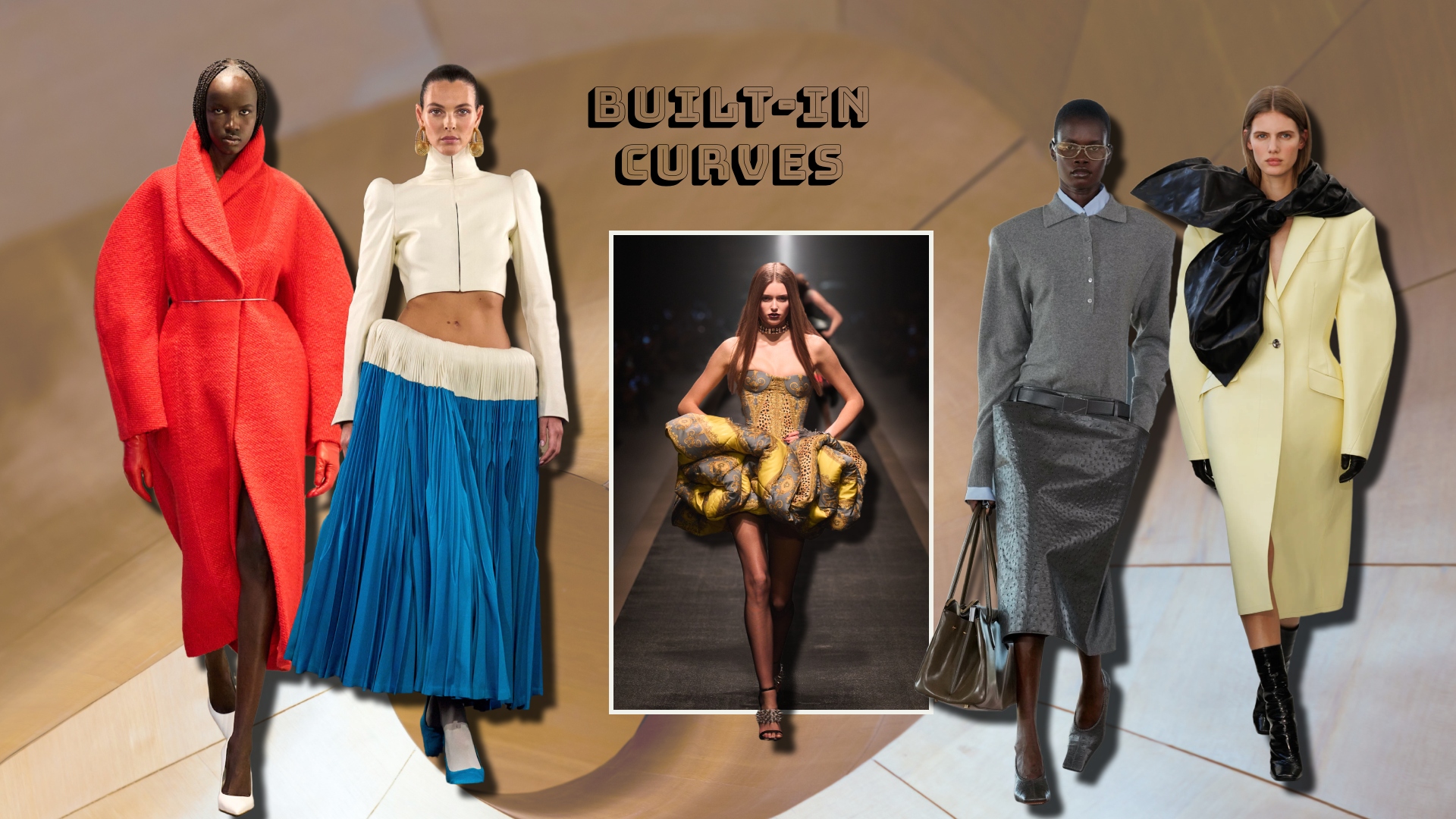 Runway shots of a models showcasing Fall 2025’s curve trend.