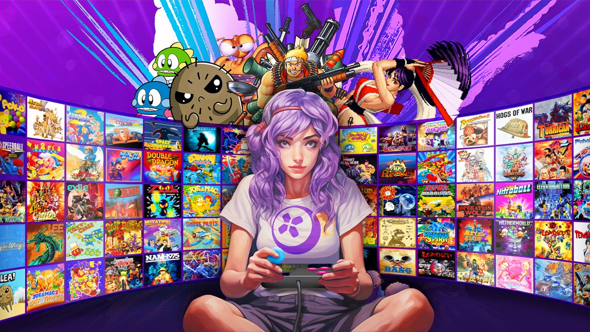 Antstream Arcade; an illustration of a girl sat in front of a panel of retro games