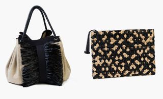 Chachacha canvas bag, decorated with black raffia, and the Contrasto clutch