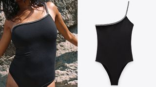 composite of flat lay and model wearing Zara Asymmetric Rhinestone Swimsuit