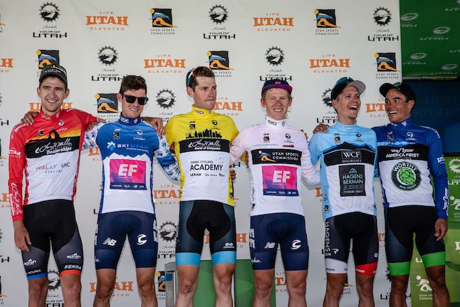 The custodians of the leaders' jerseys after stage 3 of the 2019 Tour of Utah