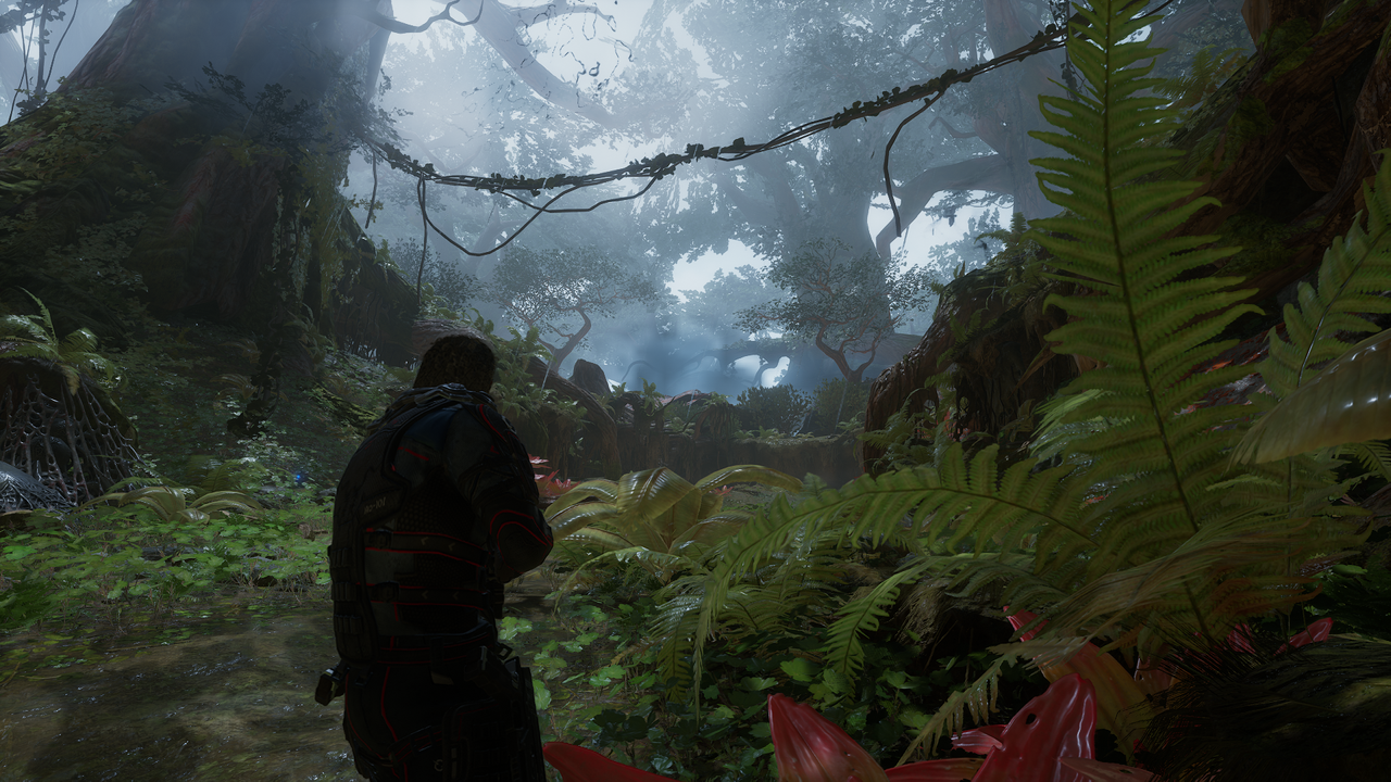 Outriders DLSS comparison images in alien forest
