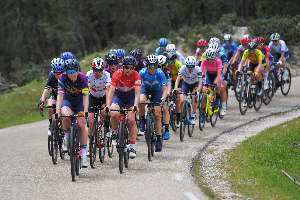 LAGUNAS DE NEILA SPAIN MAY 23 Hannah Barnes of United Kingdom and Team Canyon SRAM Racing KarolAnn Canuel of Canada and Team SD Worx Elise Chabbey of Switzerland and Team Canyon SRAM Racing during the 6th Vuelta A Burgos Feminas 2021 Stage 4 a 1216km stage from Quintanar de la Sierra to Lagunas De Neila 1870m VueltaBurgos BurgosFem UCIWWT on May 23 2021 in Lagunas De Neila Spain Photo by Luc ClaessenGetty Images