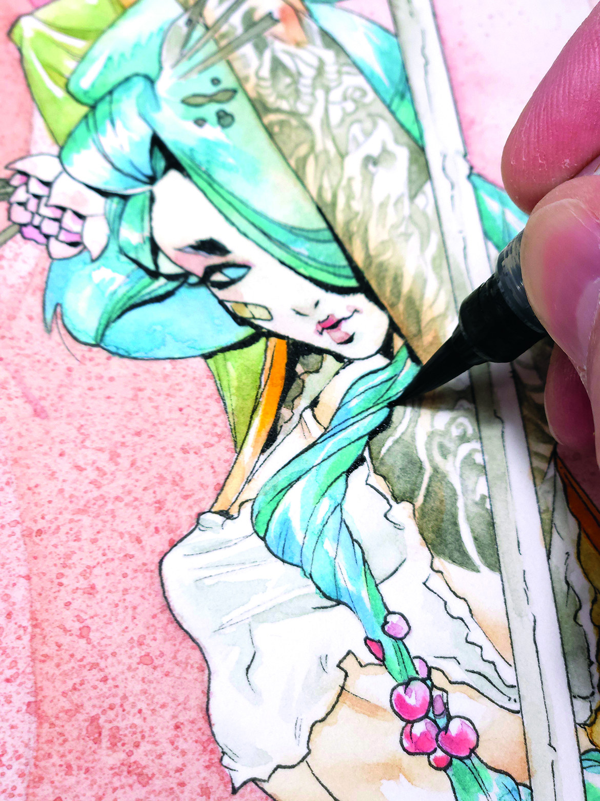 Watercolour geisha; painting details