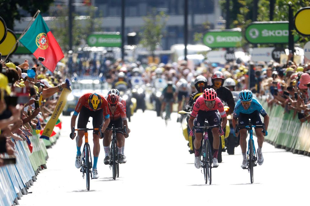 ANDORRELAVIEILLE ANDORRA JULY 11 Wout Poels of The Netherlands and Team Bahrain Victorious Ruben Guerreiro of Portugal and Team EF Education Nippo Ion Izagirre of Spain and Team Astana Premier Tech sprint at arrival during the 108th Tour de France 2021 Stage 15 a 1913km stage from Cret to AndorrelaVieille LeTour TDF2021 on July 11 2021 in AndorrelaVieille Andorra Photo by Chris GraythenGetty Images