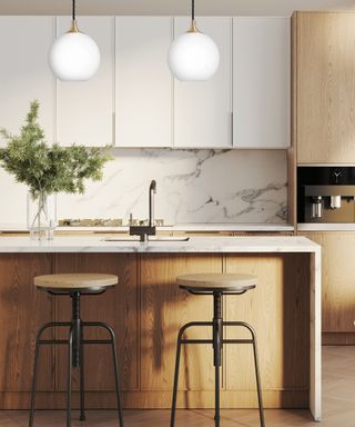 wood and marble kitchen with white wall cabinets, kitchen island, globe lights