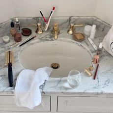 Skincare on a bathroom counter