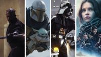 Star Wars movies ranked image showing screenshots from four Star Wars movies: The Phantom Menace, The Mandalorian and Grogu, The Empire Strikes Back, and Rogue One.