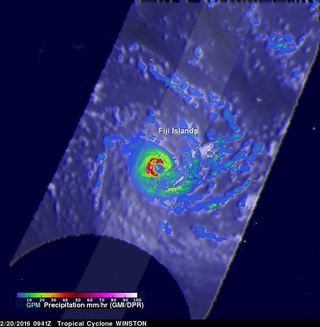 On Feb. 20, 2016, at 0941 UTC (4:41 a.m. EST), the NASA/JAXA GPM core satellite saw that Winston was dropping rain at a rate of over 169 mm (6.7 inches) per hour in the western side of the eye.